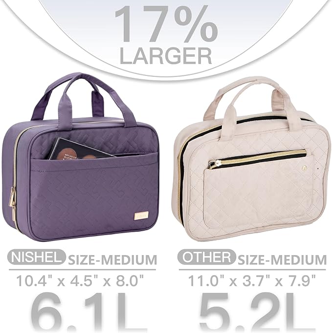 NISHEL Travel Toiletry Bag for women, Portable Hanging makeup Organizer | for Travel-Sized Shampoo, Conditioner, Brushes Set, makeup Accessories, Medium Size, Purple - Image 3