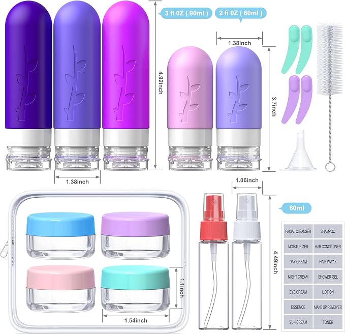 Aeomini 19 Pack Purple Travel Bottles for Toiletries, Silicone TSA Approved Travel Size Containers, Leak Proof Refillable Accessories for Shampoo Conditioner Lotion - Image 2