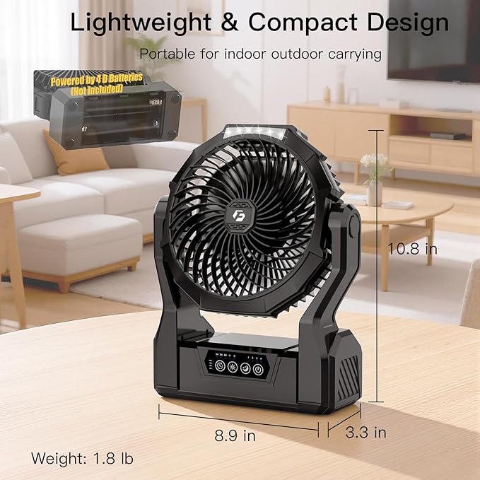 Battery Operated Fan, 2-in-1 D-Cell Battery & USB Powered Portable Fan with 4 Speeds, 3 Timers & 2 Light Modes, Super Long Lasting Camping Fan for Outdoor Tent Travel Picnic Office Bedroom - Black - Image 6
