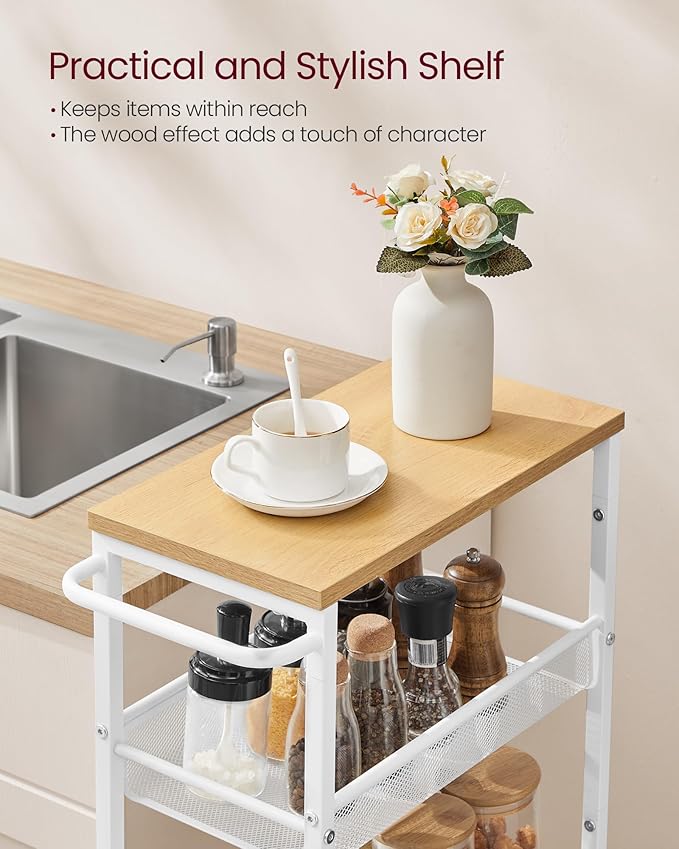 VASAGLE Slim Rolling Cart, 5-Tier Storage Cart, Narrow Cart with Handle, 8.7 Inches Deep, Metal Frame, for Kitchen, Dining Room, Living Room, Home Office, Oak Beige and Classic White ULRC035W09 - Image 5
