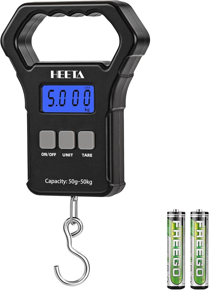 HEETA Fish Scale 110lb/50kg Digital Hanging Fishing Luggage Weight Scale | Portable with Backlit LCD Display, Hook & Non-Slip Large ABS Handle, Fishing Gifts Gear for Men, 2 AAA Batteries Included by HEETA