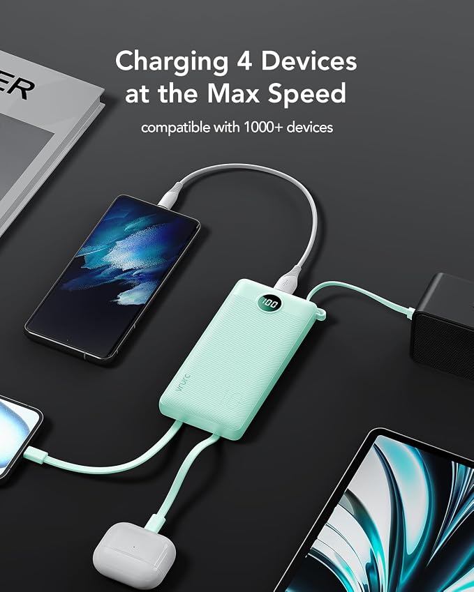 VRURC Portable Charger, 22.5W Fast Charging Power Bank Built‑in 4 Cables | 10000mAh Slim Lightweight Travel Battery Pack for iPhone, Samsung & Multi Devices, Pocket‑Friendly with Lanyard-Green(1 Pack) - Image 5