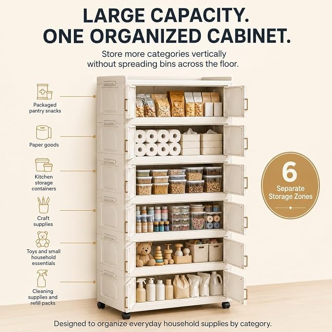 6-Tier Foldable Storage Cabinet with Doors and Locking Wheels | Tall white PP cabinet, 30 lb per tier; magnetic double doors, raised top tray, snap-fit tiers, and 360° locking wheels - Image 8