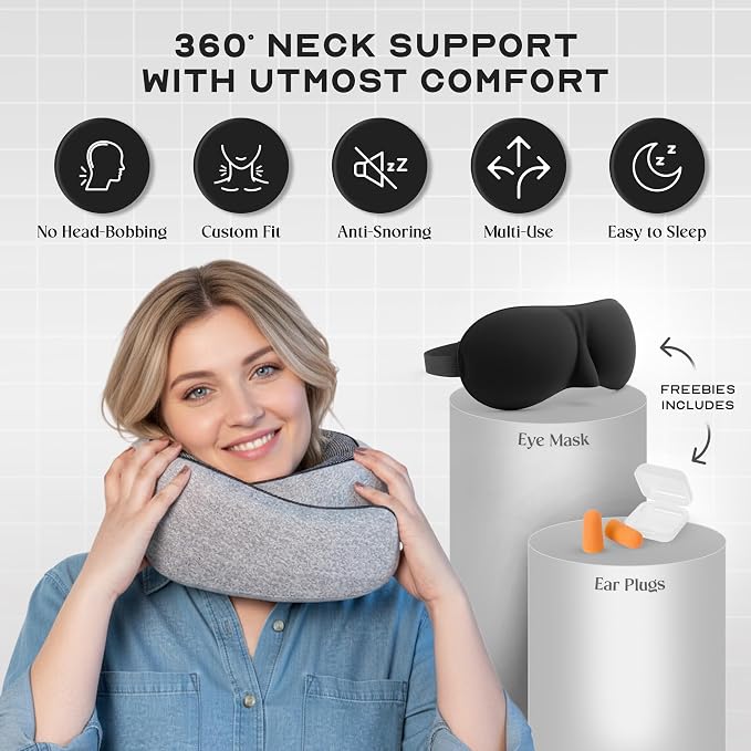 The Cozeo™ Travel Neck Pillow, 100% Pure Memory Foam Airplane Neck Pillow with Eye Mask & Earplug, Ideal for Long Flight, Car Road Trip Essentials & Sleeping | Suitable for Adults & Kids - Gray - Image 2