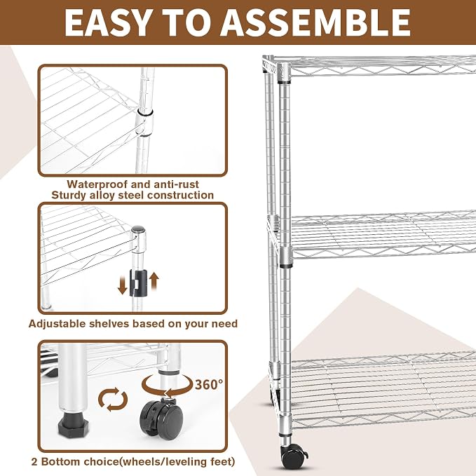 Whitmor 3 Tier Storage Shelving, Heavy Duty with Wheels, Adjustable Steel Organizer, 400 lbs Capacity per Shelf, Max 1200 lbs Total for Garage, Kitchen, Bathroom, 20" L x 14" W x 24" H, Chrome - Image 3