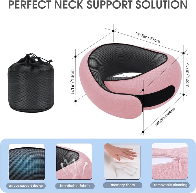 Neck Travel Pillows for Airplanes Memory Foam Neck Comfort Pillow Compact Ergonomic Design Sleeping Essentials for Long Flights Car Rides and Home Use (Pink) - Image 2