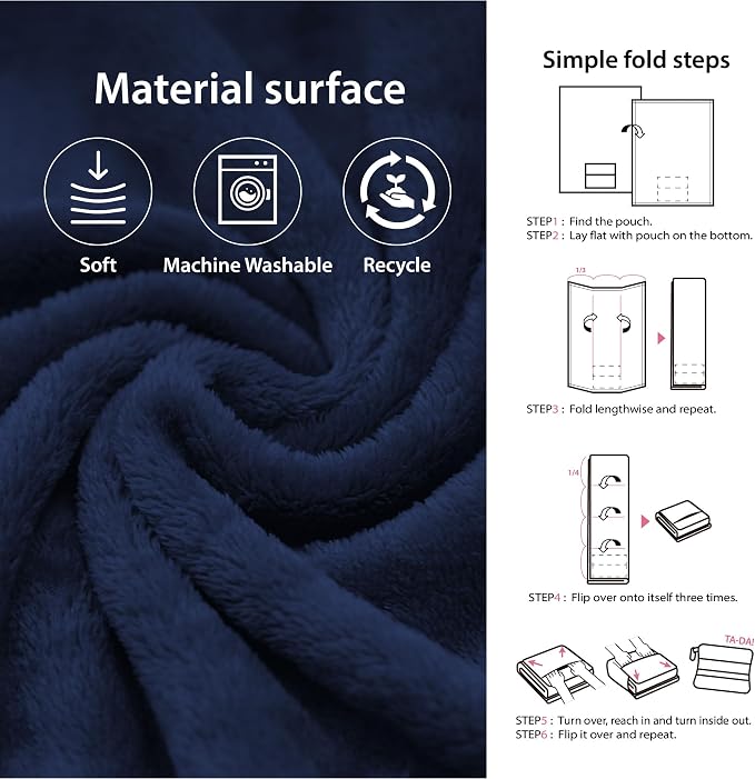 DEZ FURNISHINGS 4-in-1 Travel Compact Blanket Pillow Super Soft Velvet with Luggage Sleeve and Backpack Clip, Navy, 60" W x 45" H - Image 4