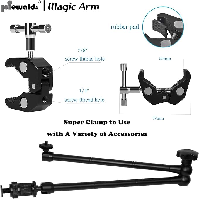 Niewalda 20" Magic Arm Clamp Kit with 1/4" & 3/8" Threaded Mounts | with Phone Clip/Tripod Mount Adapter for Various Action Camera /DSLR/Cell Phone /Vlogging and LCD Monitor/LED Lights Mount - Image 2