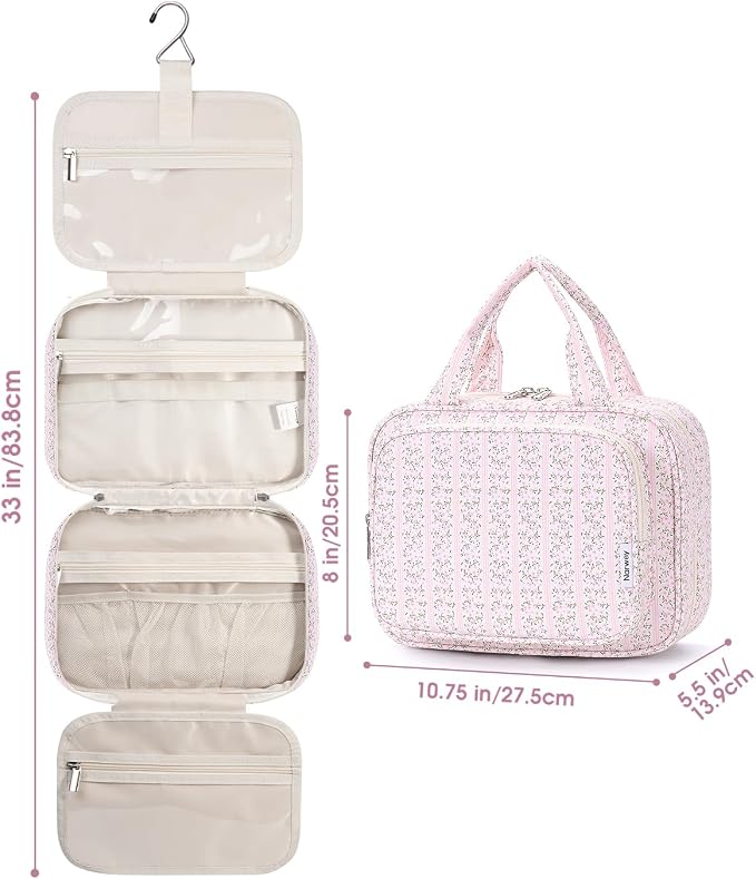 Narwey Hanging Toiletry Bag for Women Travel Makeup Bag Organizer Toiletries Bag for Travel Size Essentials Accessories Cosmetics (Pink Flower Buds (Medium)) - Image 8