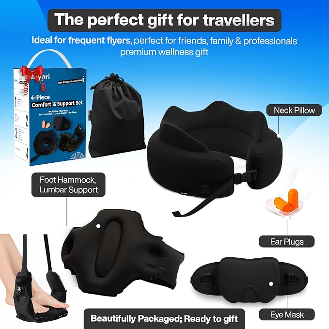 4-in-1 Travel Set – Inflatable Neck Pillow, Convertible Lumbar Support & Foot Hammock, 3D Sleep Mask & Ear Plugs – Complete Comfort Kit for Airplane, Office & Car – Gift-Ready (Black) - Image 2