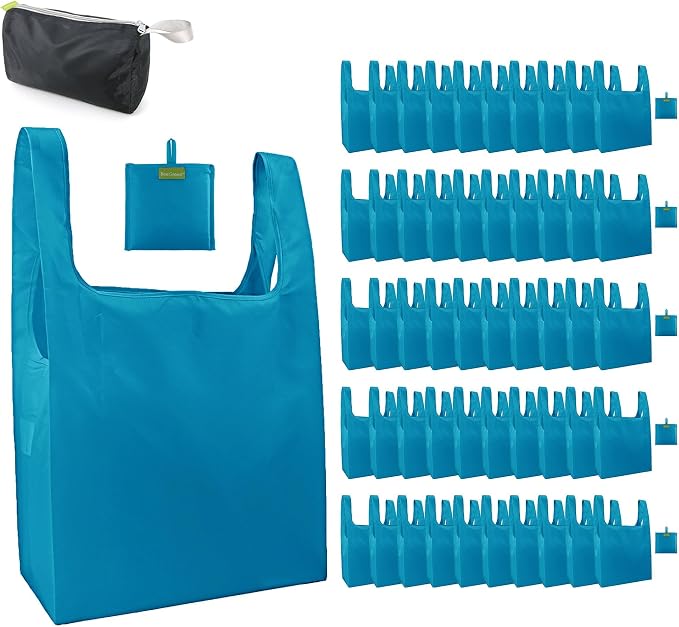BeeGreen Reusable Grocery Bags Lake Blue Kitchen Bags Bulk Foldable-Machine Washable with Zipper Storage Pouch 50 Packs by BeeGreen