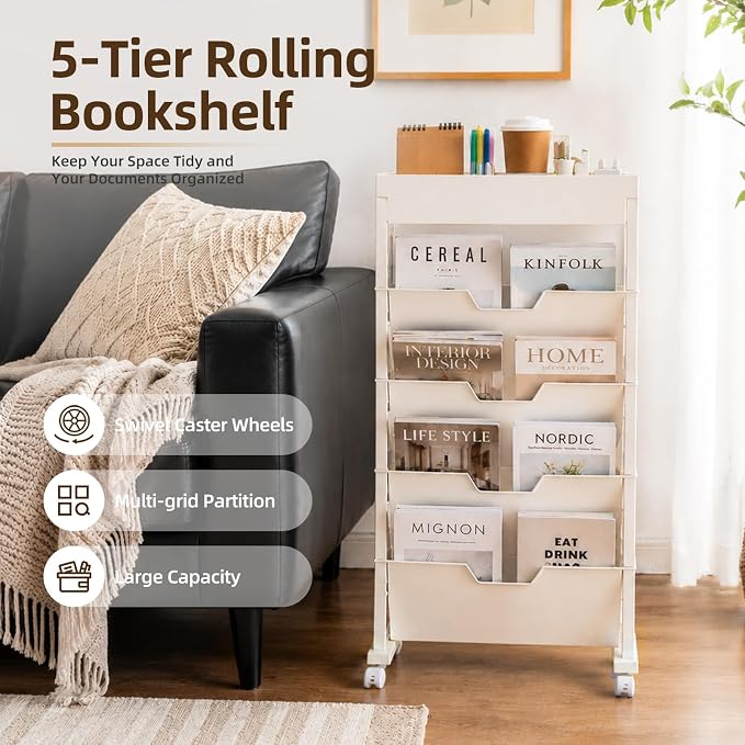 5-Tier Rolling Bookshelf, Rolling Book carts with wheels,Book Storage Rack | Utility Carts, Movable File Folder Organizer Cart for Home,Study,Office,Living Room,Classroom - Image 6