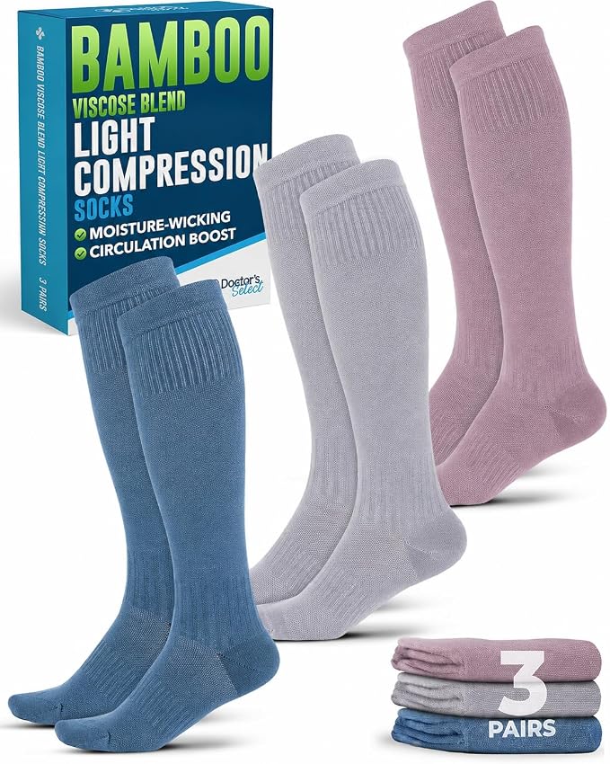 Doctor's Select® Bamboo Viscose Light Compression Socks for Women & Men - 3 Pairs, 8-15 mmHg Compression Socks, Knee High by DoctorsSelect