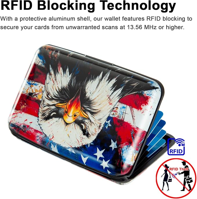 Credit Card Holder, Metal Card Wallet RFID Blocking Mini Slim Aluminum Business Hard Card Case for Women Men (Bald Eagle with American Flag) - Image 4