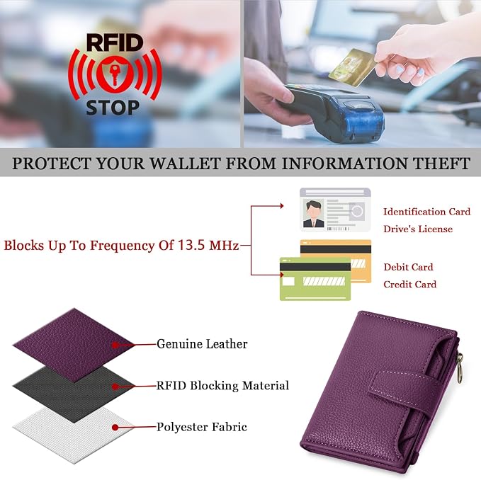 Small Wallet Women RFID Blocking Soft Leather Bifold Compact Card Holder Wallet for Women with Zipper Coin Pocket 4 ID Window - Image 6