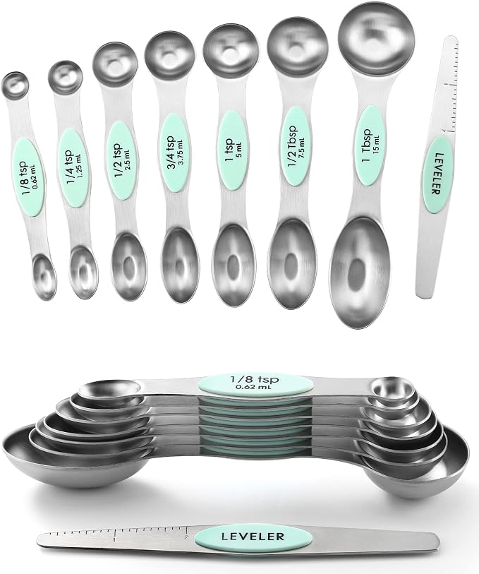 Spring Chef Stainless Steel 8 Magnetic Measuring Spoons Set, 2 Pack, Mint | Dual Sided Metal Teaspoon & Tablespoon Measuring Spoons with Leveler for Dry & Liquid Ingredients, Nesting, Dishwasher Safe by SpringChef