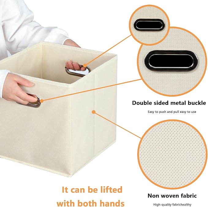 Yunkeeeper storage bins Cubes, Fabric Cube Organizer with Handle, Foldable Cube Bins for Cloth or Accessary Storage, 11x11x11, Set of 6, (Creamy White) - Image 4