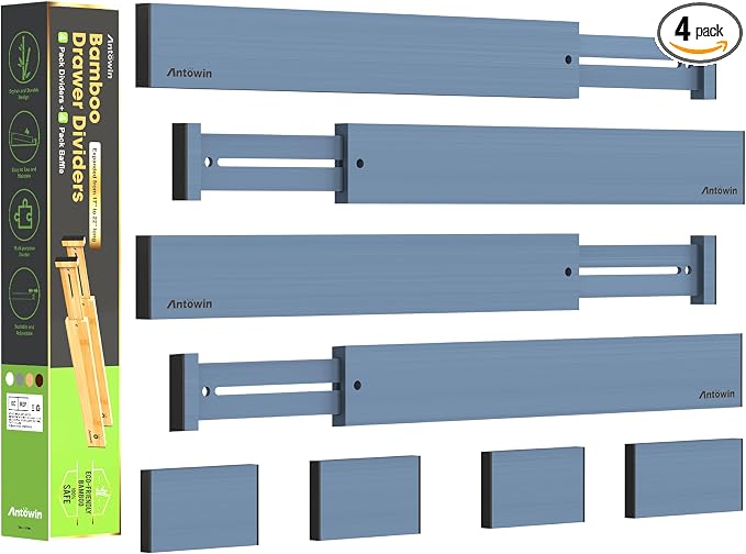 Bamboo Drawer Dividers, Expandable Drawer Separators Splitter,17-22 inches Long Adjustable Spring-loaded Organizer for Large Utensil, Clothes, Tools Drawers (Blue) by ANTOWIN