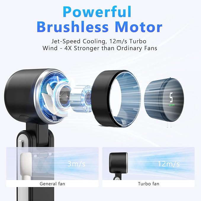 COO Portable Handheld Turbo Fan, 5-Speed Rechargeable Personal Fan | 180° Foldable 3 IN 1 Design with LED Display, Mini Desk Fan for Office, Travel & Outdoor Activities, Black - Image 2