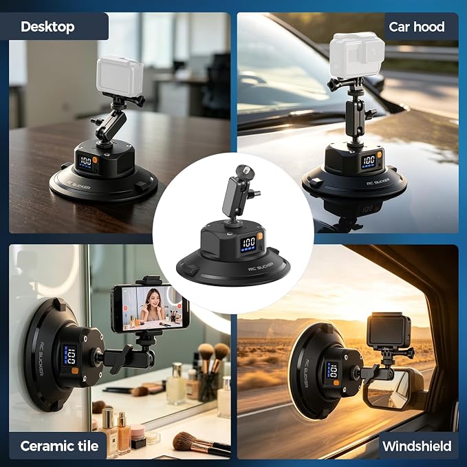 4.5" Electric Vacuum Suction Cup Camera Mount, 1/4" Thread Heavy-Duty Car Windshield Mount with Ball Head, 110LB Load for GoPro, Action Camera, Phone & DSLR Vlogging - Image 4