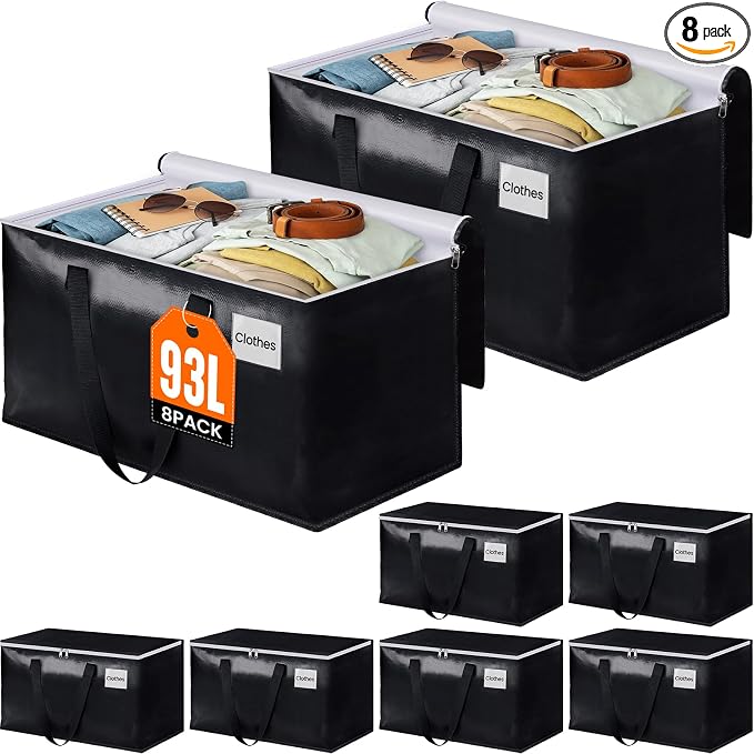 Heavy Duty Moving Bags, Extra Large Storage Bags, 93L, 8-Pack, Black | Foldable, with Zippers, Tag Pocket & Handles, Reusable, Space-saving, Water-Resistant, for moving & storage, Versatile Use by BlissTotes