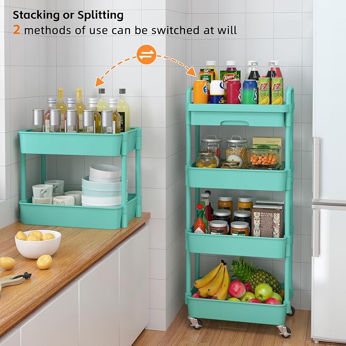 Calmootey 4-Tier Utility Cart with Drawer & Wheels, Storage for Home,Office | Space-Saving Organizer, Sturdy Plastic Shelves, Smooth-Rolling Metal Wheels, Built-in Drawer for Small Items, Green - Image 7