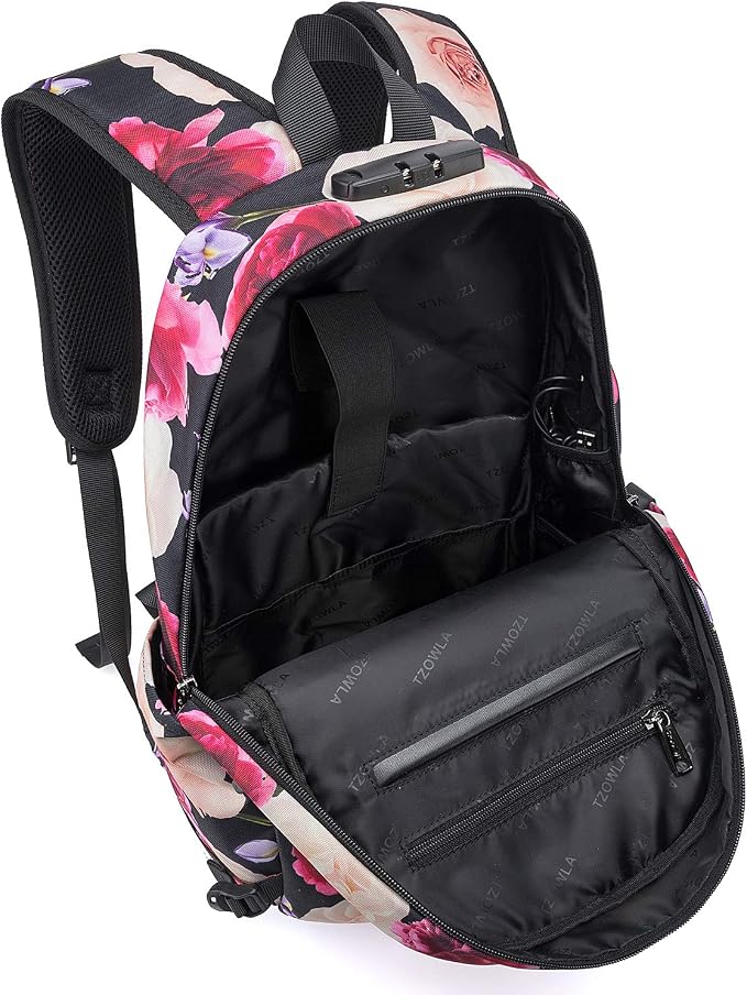 Tzowla Business Laptop Backpack Water Resistant Anti-Theft with USB Charging Port and Lock 15.6 Inch Computer Backpacks for Men, Women, Casual Hiking Travel Daypack (Flower) - Image 3
