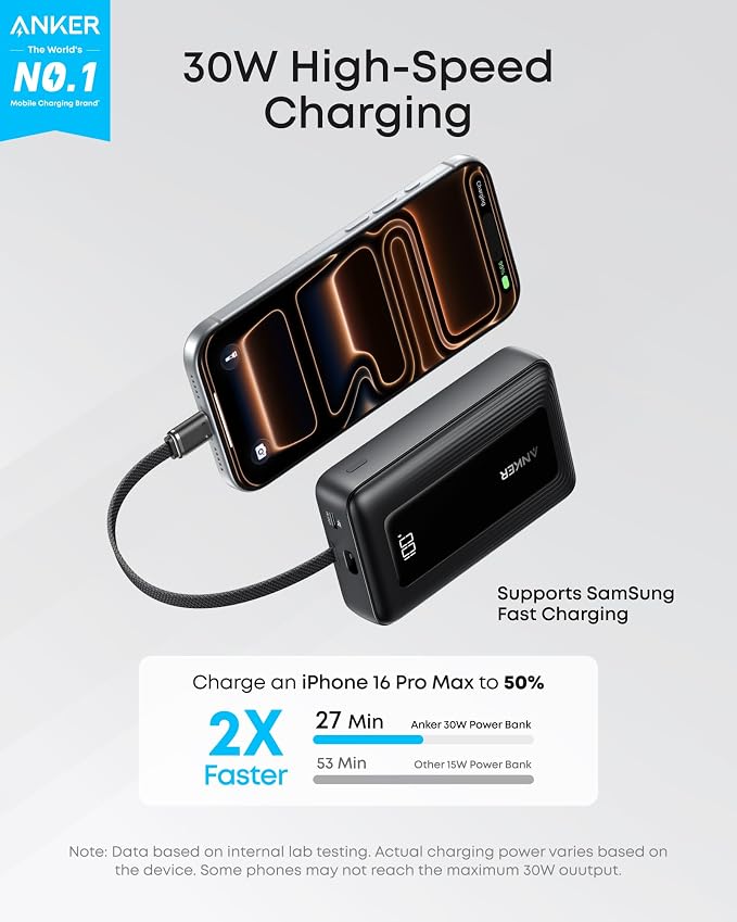 Anker Power Bank,10,000mAh 30W with USB-C Travel Essential Portable Charger | 30W Portable Charger with USB-C Input and Output for iPhone 17 / 16, Galaxy, and More (Black) - Image 2
