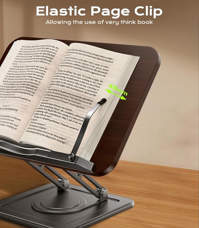 LOXP Book Stand for Reading, 360° Rotating Holder with Page Clip, Ergonomic | Adjustable height angle, Hands-free, anti-slip base, Fits tablets cookbooks magazines laptops, wood and metal, Black - Image 6