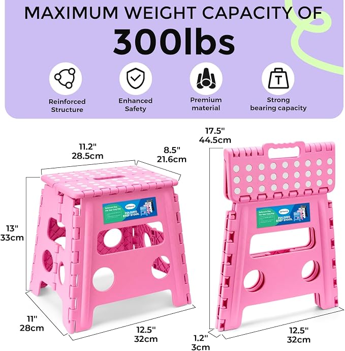 Dyforce Folding Step Stool 13 Inch,300lbs Foldable Stool for Adults & Kids | Stepping Stool Pink,Non-Slip Plastic Compact Foot Stool with Carry Handle,Lightweight for Bathroom Kitchen Bedroom Garden - Image 2