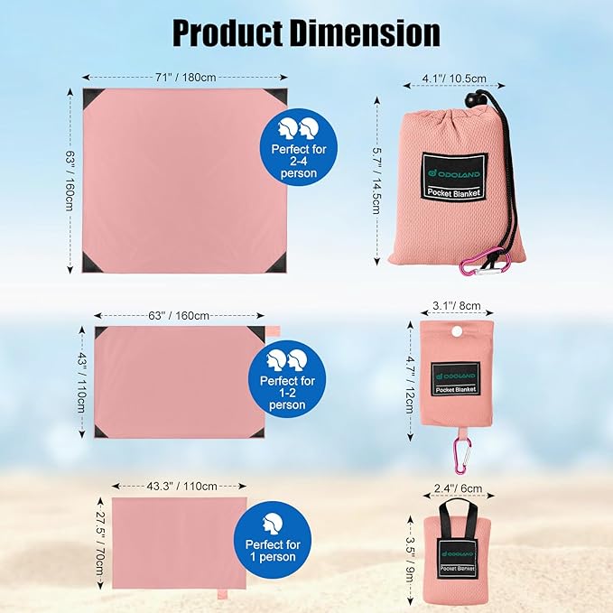 Odoland Sandproof Beach Blanket, Waterproof Portable Mat with Carry Pouch | 71“x63” Quick Drying & Foldable Lightweight Sand Free Beach Mat Tarp for Hiking, Camping, Travel, Pink - Image 2