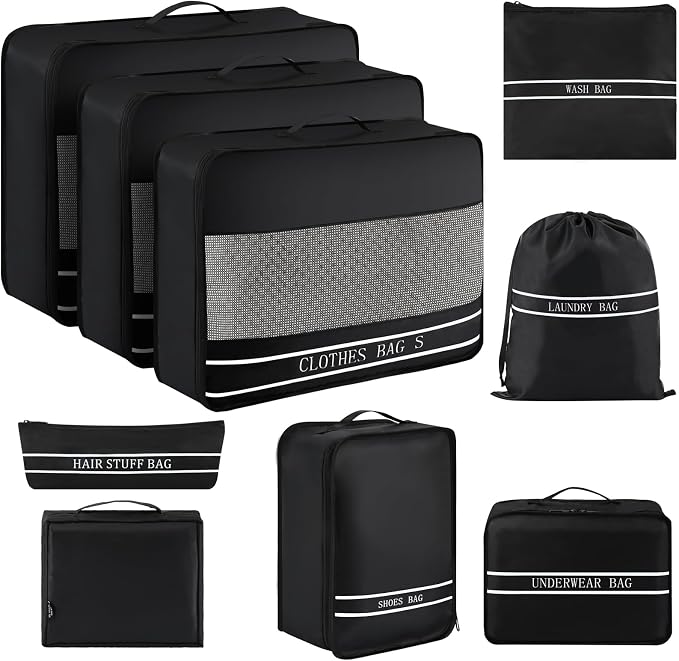 9 Set Packing Cubes Luggage Packing Organizers for Travel Accessories Space Saving Travel Bags for Carry On, Lightweight Mesh Zipper, Clothes, Shoes, Laundry and Shoe Bag, Suitcases (BLACK) by Ougrand