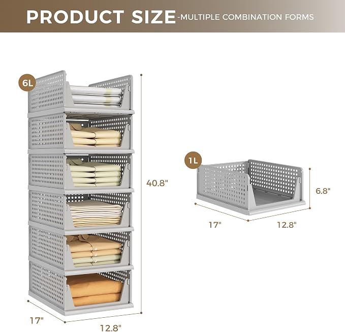 6 Pack Closet Organizer Storage Bins Stackable Plastic Drawer Shelf | Basket for Clothing Stackable Storage Bins Shelf Storage Container for Closet Wardrobe Bedroom Bathroom Office Grey Foldable - Image 3
