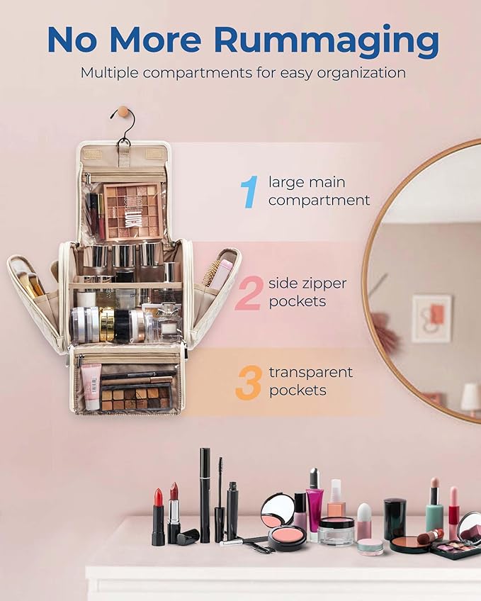 BAGSMART Makeup Bag for Women with Hanging Hook, Large Portable Capacity Water-resistant Organizer Travel Case for Toiletries and Cosmetics, Pink - Image 2