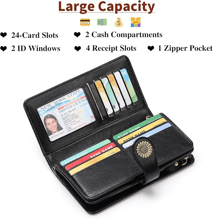 SENDEFN Wallets for Women Leather Credit Card Holder with RFID Blocking Large Capacity Wristlet | with RFID Blocking - Image 2