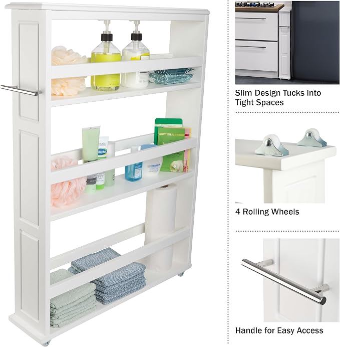 Lavish Home 3 Tier Slim Utility Rolling Storage Cart, White, 25”W x 5.7”D | Narrow Rolling Cart Storage Organizer with Handle and Wheels for Bathroom, Laundry Room, and Kitchen, Pull-Out Home Organizer - Image 5