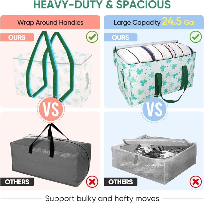 BALEINE 2-Pack Oversized Moving Bags with Reinforced Handles, Heavy-Duty Storage Tote for Clothes, Moving Supplies (Clover, 2-Pack) - Image 4
