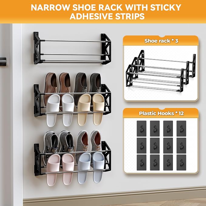 3 Pack Wall Mounted Shoe Rack, No Drill Adhesive & Screw 2-in-1 Holds 12 Pairs, Space-Saving Vertical Storage for Entryway, Bathroom & Kitchen, Renter Friendly Fits Tile Marble Glass Wood Wall (Black) - Image 6
