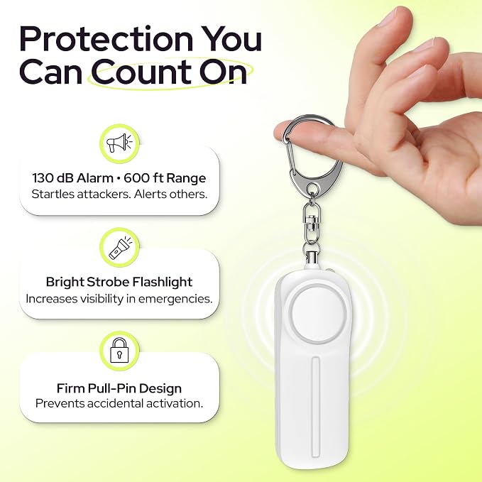 Weten Personal Safety Alarm Keychain - 130dB Siren, LED Light, Panic Pin – Compact Self-Defense Device and Emergency Whistle Alternative for Women, College, Travel, and Night Walk Protection (White) | LED Light, Panic Pin, Self-Defense Device, Emergenc... - Image 2