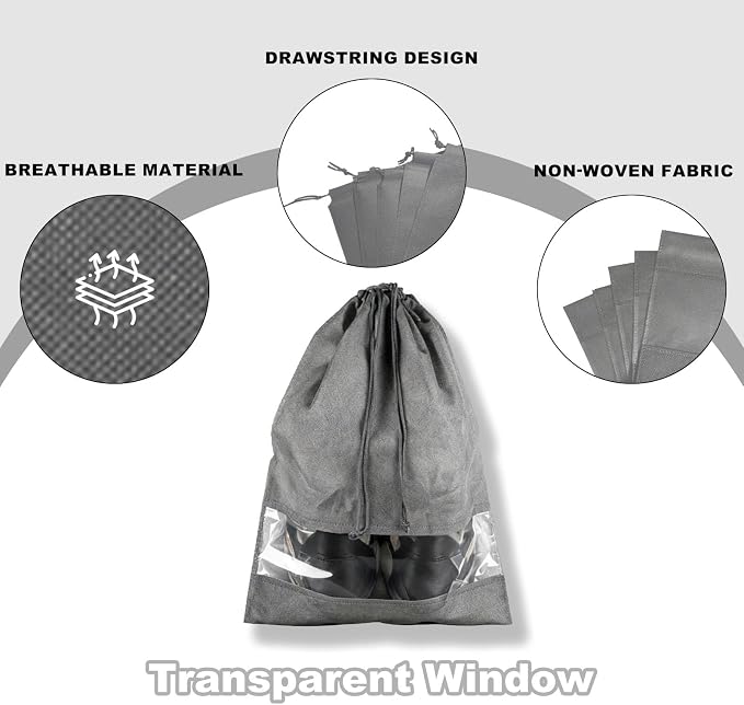 20 Pack Shoe Bags for Travel, 17" x 12.6" Drawstring Shoe Organizers with Clear Window, Breathable Non-Woven Dustproof Pouches for Luggage & Closet (Gray) - Image 3