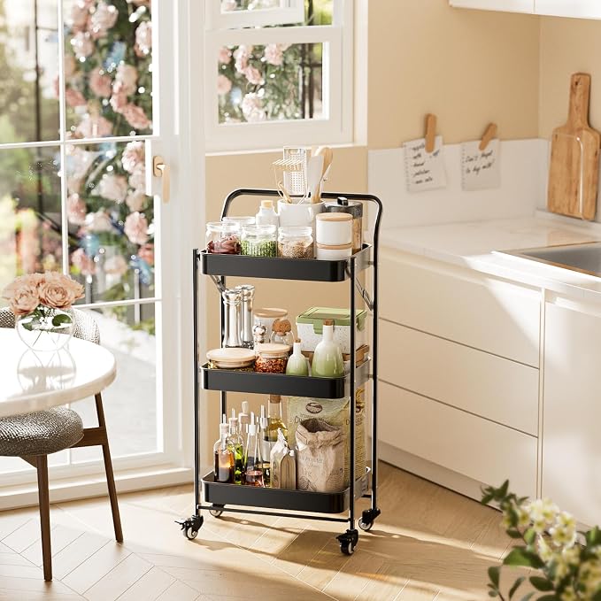 JAQ No Assembly Foldable Rolling Cart, 3 Tier Black Metal Folding Utility Cart with Handle, Heavy Duty Mobile Storage Organizer on Wheels for Office, Garage, Tools & Kitchen (Black) - Image 7