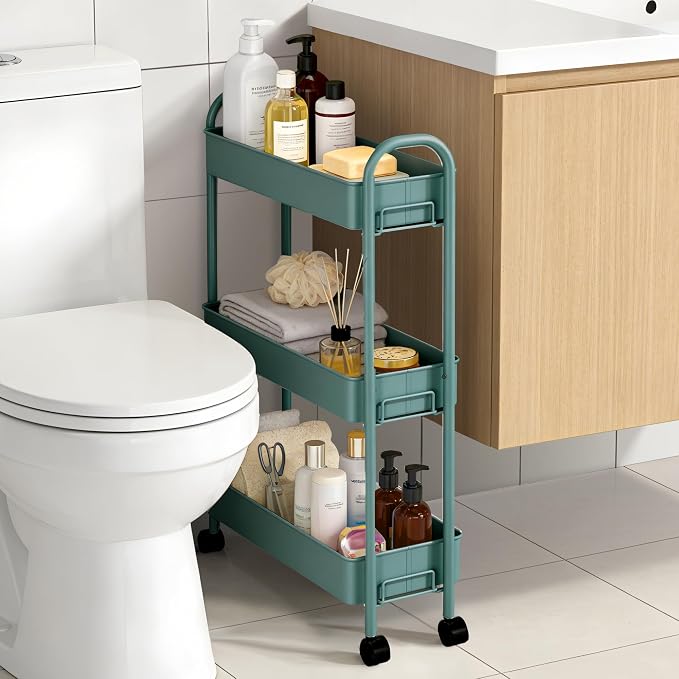 Slim Rolling Cart, Metal Frame Utility Rolling 3-Tier Narrow Storage Cart | Kitchen Storage Organizer, Mobile Shelving Unit for Bathroom Kitchen - Image 4