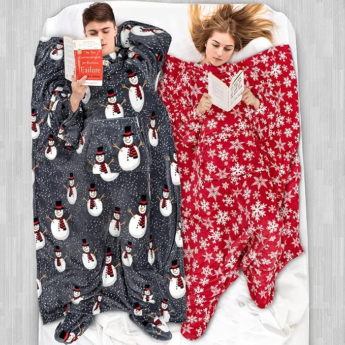 PAVILIA Fleece Blanket with Sleeves, Foot Pockets for Women Men Adults, Plush Wearable Blanket Throw Wrap, Warm Snuggle Blanket Robe, Cozy Gift Ideas Wife Mom, Snowflake Red - Image 5