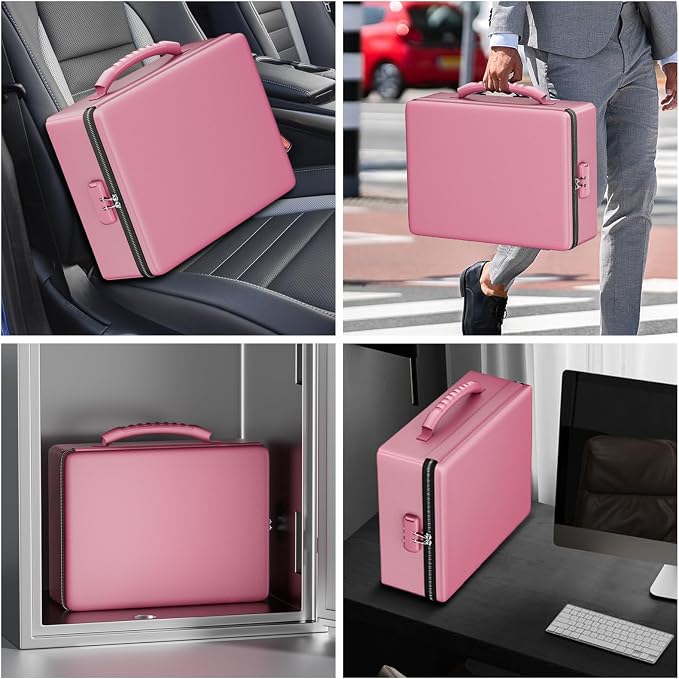 ENGPOW Fireproof Document Box with Lock & Heat-Resistant Fireproof Zipper | 6400°F 12-Layer Fire Protection, Hard File Organizer with Pockets, Portable Home Chest Safe Storage for Money,Jewelry, Pink - Image 6
