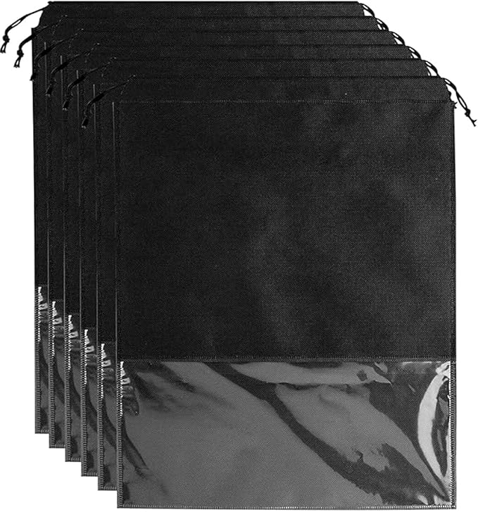 6 Pack Dust Bags for Purses and Handbags, Large Non-Woven Dustproof Drawstring Bags, Travel Shoe Bags, Purse Dust Bags for Storage with Transparent Slot - 19.6in X 23.6in, Black by Unknown