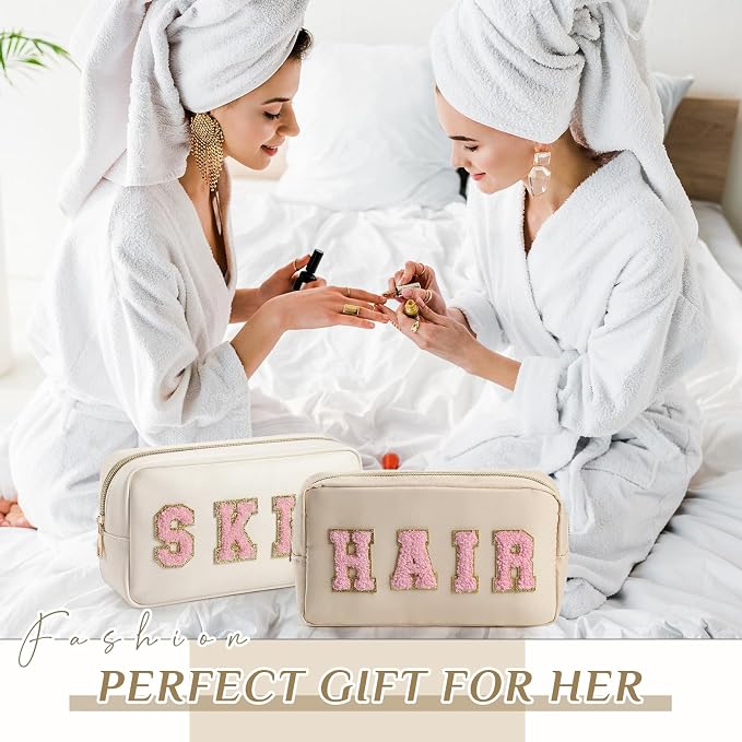 Preppy Makeup Bags Chenille Letter Stuff Bag Nylon Cosmetic Pouch Cases with Zipper for Women Travel Toiletry(Cream Color,Classic,2 Pcs) - Image 7