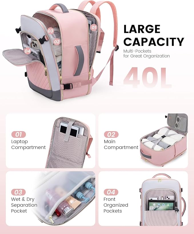 LOVEVOOK Large Travel Backpack for Women, TSA Carry on Backpack for Airplanes, 56L Personal Item Travel Bag for Women fits 17" Laptop,Waterproof Carry on Bag Airplane Approved with 3 Packing Cubes - Image 5