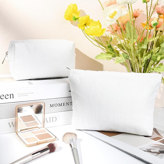 SOIDRAM 2 Pcs Corduroy Makeup Bag Large Cosmetic Bag Toiletry Bag Makeup Pouch Travel Bag Organizer Cute Makeup Brushes Aesthetic Accessories Storage Bag for Women White - Image 2
