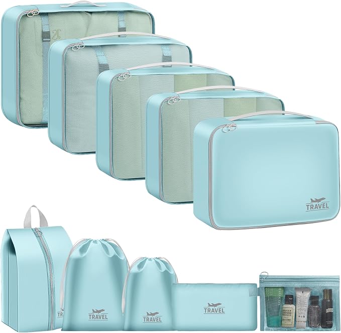 Packing Cubes for Travel- 8 Set Luggage Organizer Bags for Family, Mesh Breathable Travel Packing Cubes for Suitcases Durable Travel Essentials Bags Set (Upgrade Blue, 10 Set) by YEEYAA