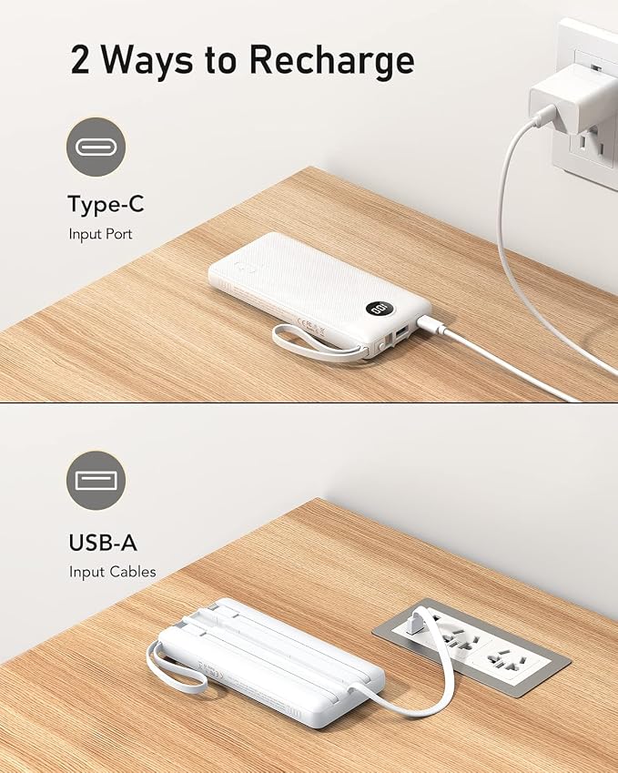 VEEKTOMX 10000mAh Portable Charger with 4 Built-in Cables | Slim Power Bank, USB-C Battery Pack with iPhone & Micro USB, TSA Approved Travel Charger for iPhone, Samsung, Android, White - Image 6